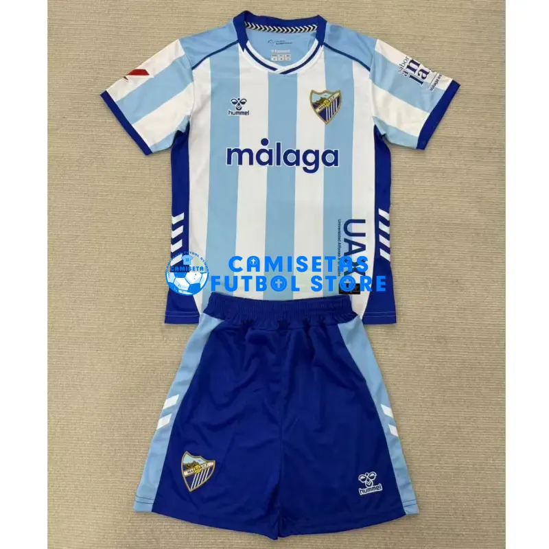 Camiseta Málaga CF 1ª Equipación 2025/2026 Azul/Blanco Niño Kit con Parche La Liga