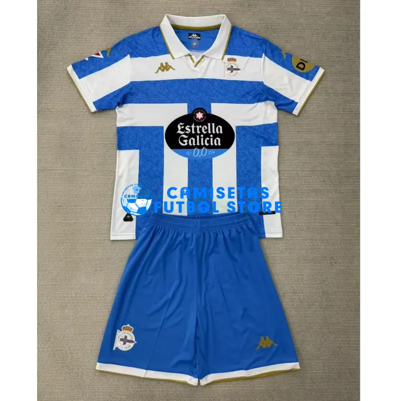 Camiseta Deportivo de La Coruña 1ª Equipación 2025/2026 Blanco/Azul con Parche La Liga Niño Kit
