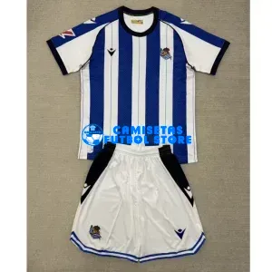 Camiseta Real Sociedad 1ª Equipación 2025/2026 Azul/Blanco Niño Kit con Parche La Liga
